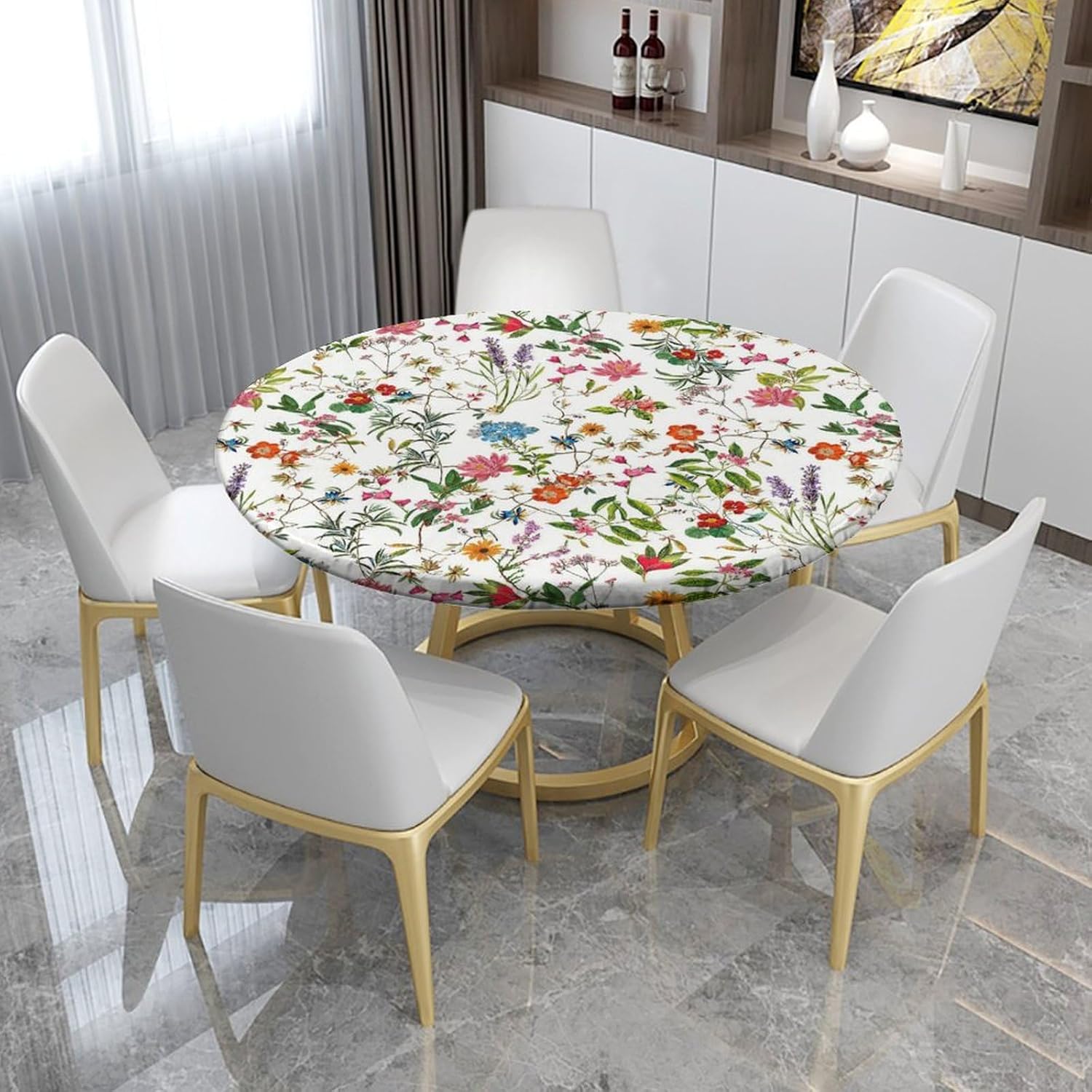 Modern Decor Round Fitted Tablecloth, Floral Geometrical Waterproof Table Cloth, Elastic Edge Table Cover for Dining Tables Buffet Parties and Camping, Fits Tables 45"-50", Green Blue and White