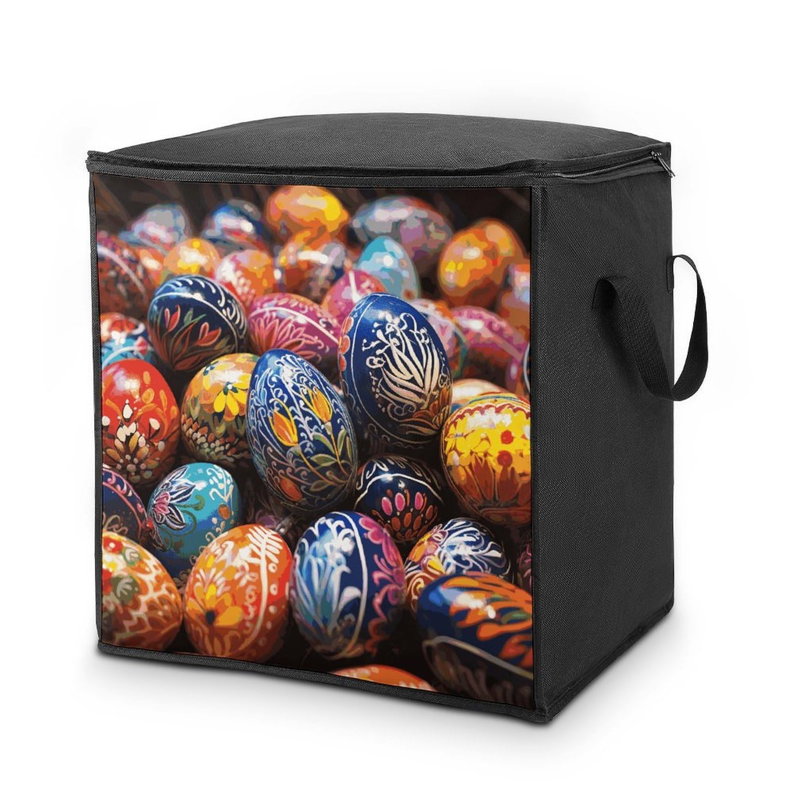 Colorful Hand Painted Easter Eggs Storage Bags Comforter Quilt Blanket Clothes with Zipper & Handles Easy to Fit King Size Comforter Set Closet Under Bed Organizer for Dorm Pillows Bedding 70L