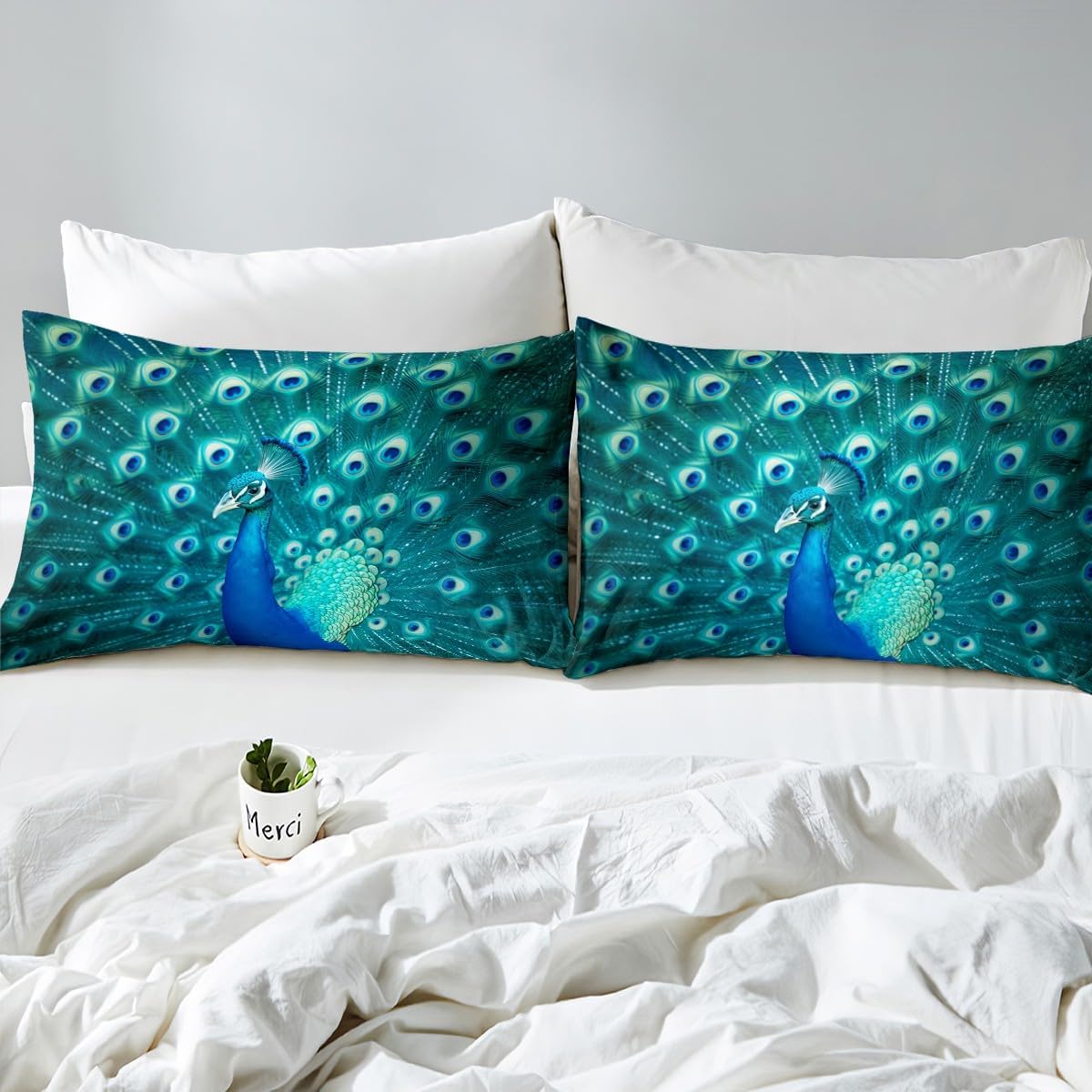 Peacock Bed Sheets Queen Size Teal Cute Animal Pattern Fitted Sheet Peacock Feather Printed Decor Bedding Sets Adult Women Soft Bedding Decor Set