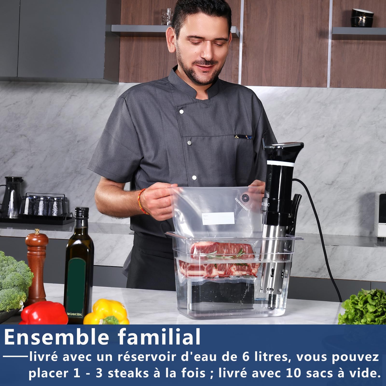 thermoplongeur Sous Vide,1100 Watts,Ensemble Cuiseur Sous Vide,Bains-marie basse température cuisson sous vide, avec conteneur d'eau 6 Litres, avec 10 sacs à vide