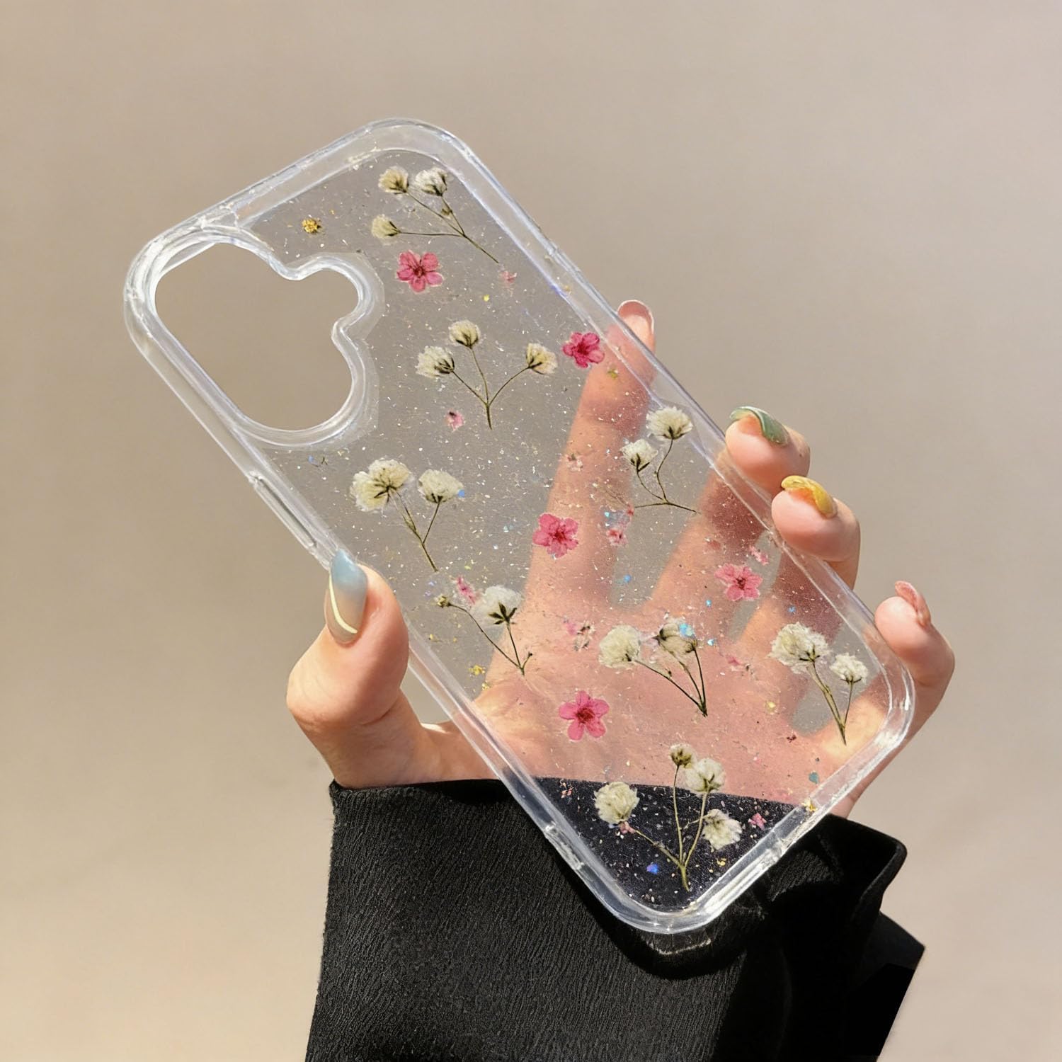for iPhone 16 Floral Case Glitter Clear with Real Pressed Bling Little Pink Flowers Design Cute Sparkle Slim Soft TPU Transparent Protective Women Girl's Girly Phone Cover Shell - Image 5