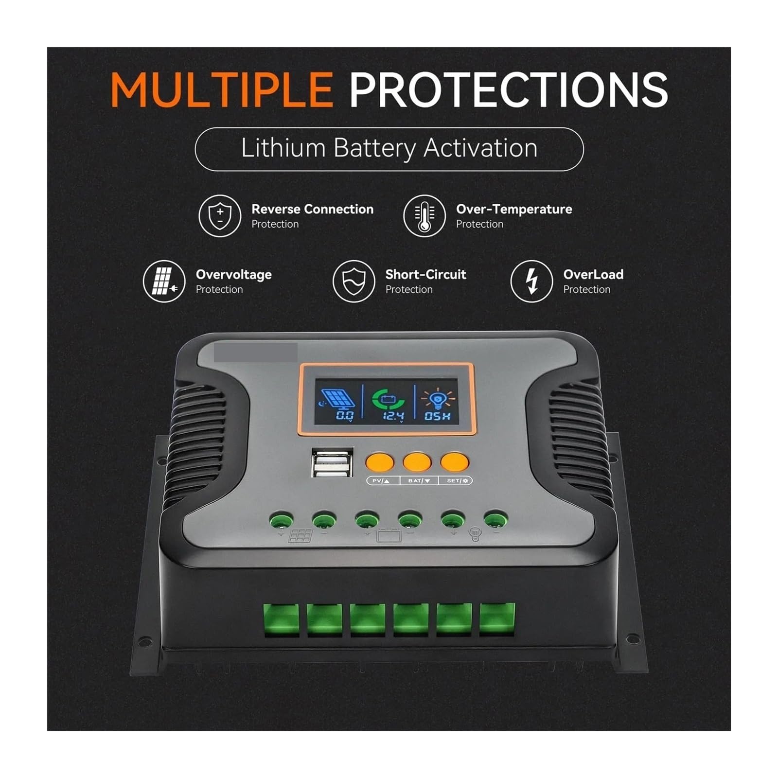 Kontroler ładowania słonecznego, 30A 60A 80A PWM Regulator Ładowania Słonecznego Do Baterii 12V 24V 36V 48V Z Ekranem LED USB 5V 2A PV 100V Wyjście Działa Cicho(80A)