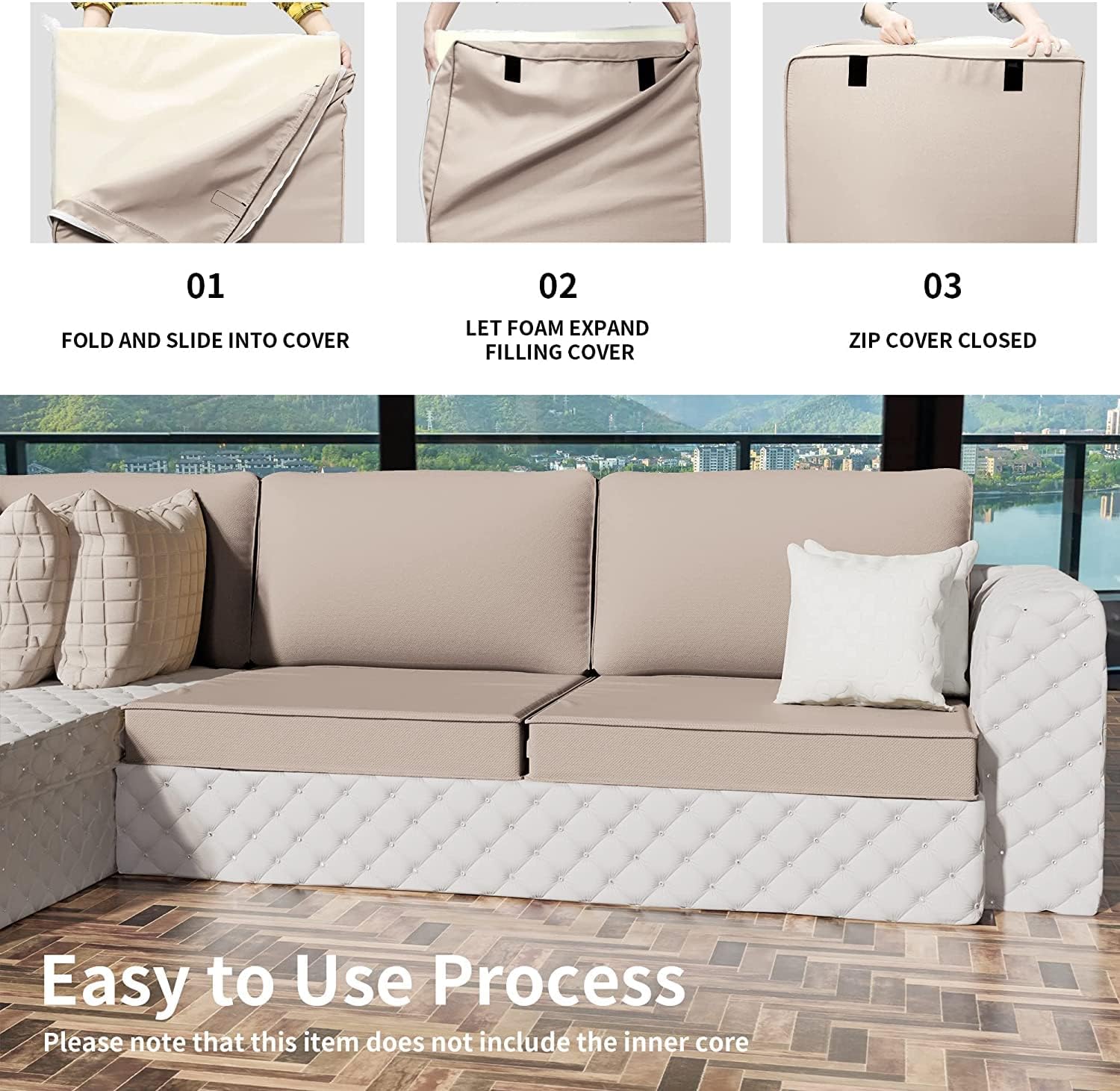Kullavik Outdoor Patio Cushion Cover,Washable Furniture Cover,Smooth and Thick Zipper Cover, Polyester Fabric Cover, Suitable for Replacement Sofa Seat,Sand (Slipcover Only)