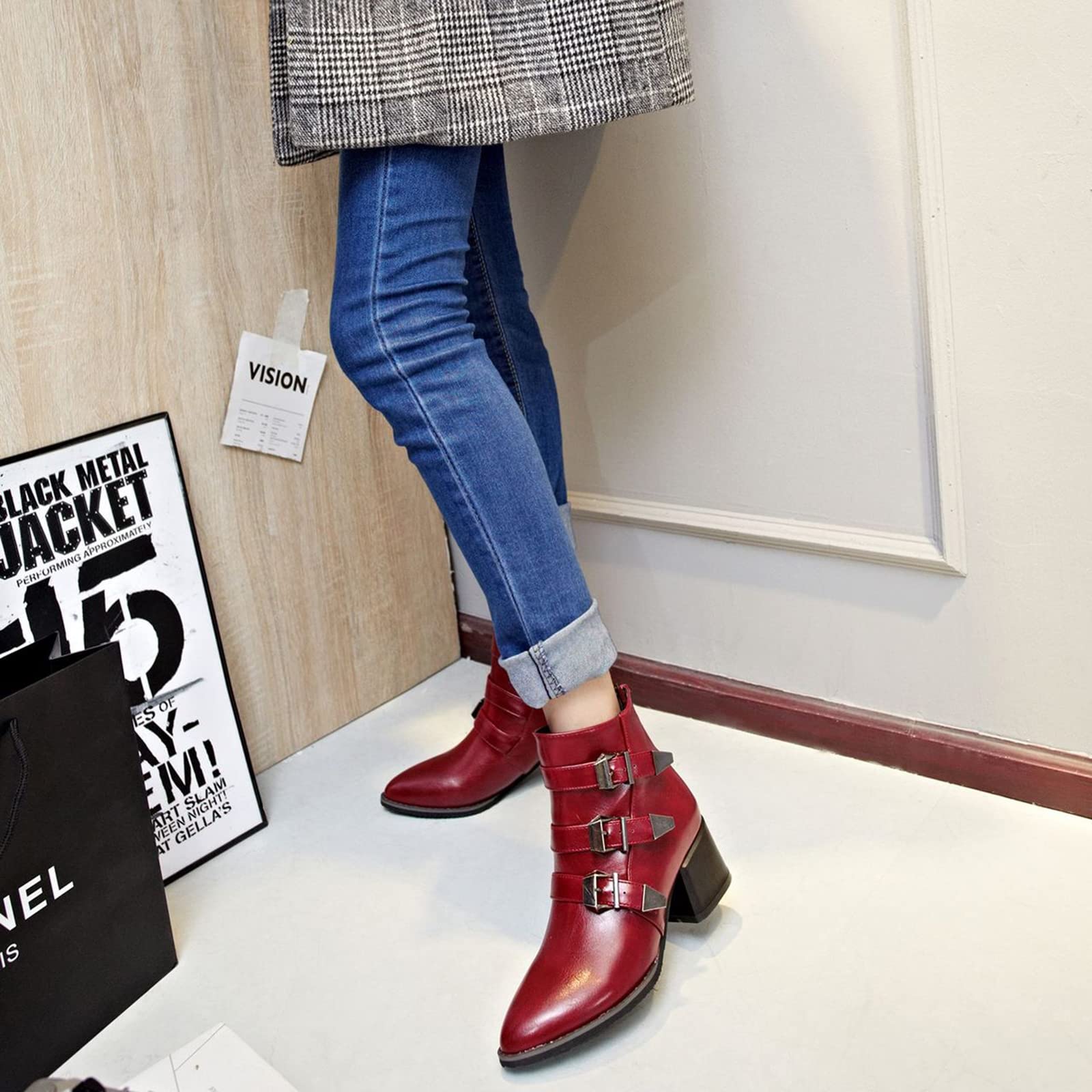 Bottines À Talons Épais Et À Glissière pour Femmes, Bottines À Bout Pointu Et À Talons Hauts