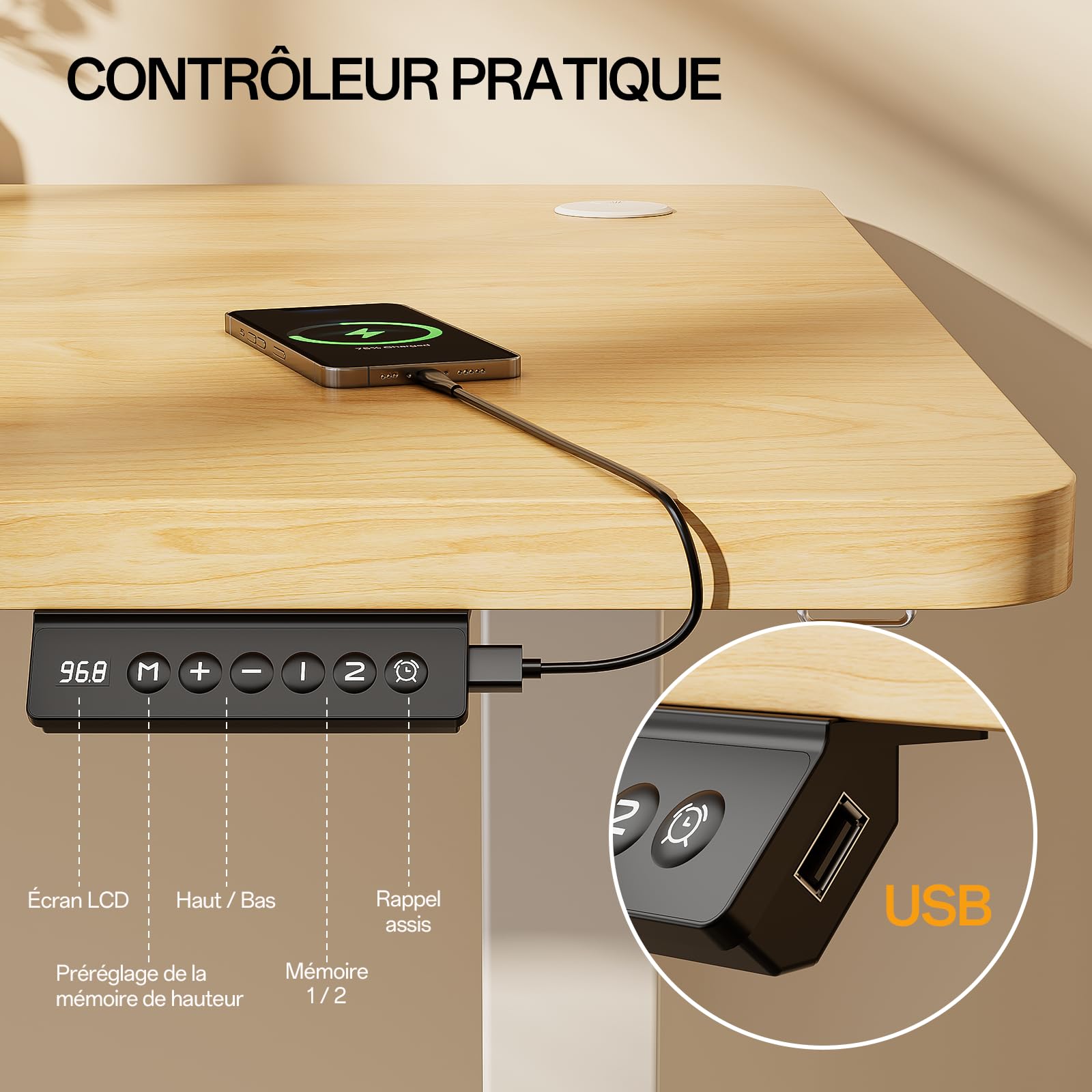 Homall Bureau Assis Debout Électrique 140 x 60 cm Table Réglable en Hauteur avec Chargeur USB, Rappel de sédentarité, 3 Positions Mémorisables, Beige