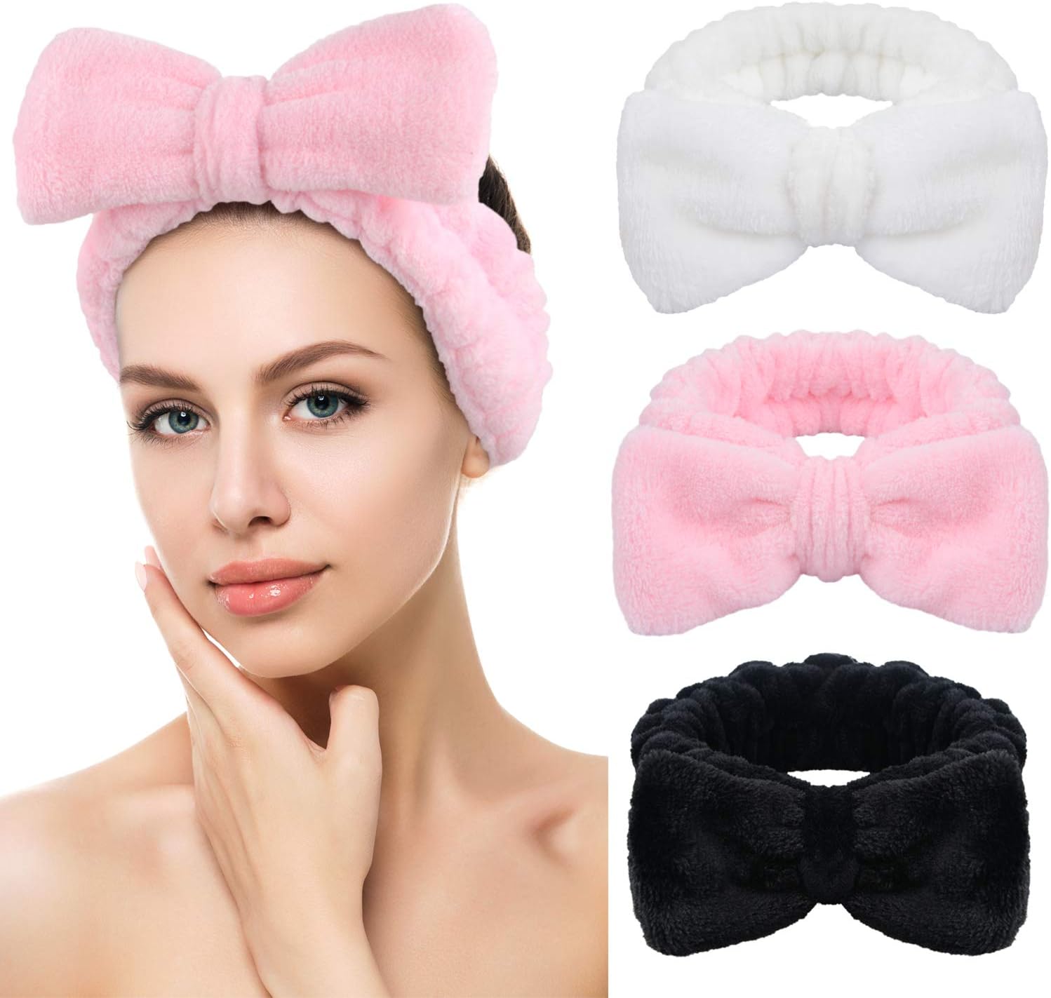 SINLAND Spa Facial Headband for Shower and Washing Face Women and Girls Cosmetic Bow Hair Band Facial Makeup Adjustable Elastic Head Wrap Ultra Soft Terry Cloth 3 Pack