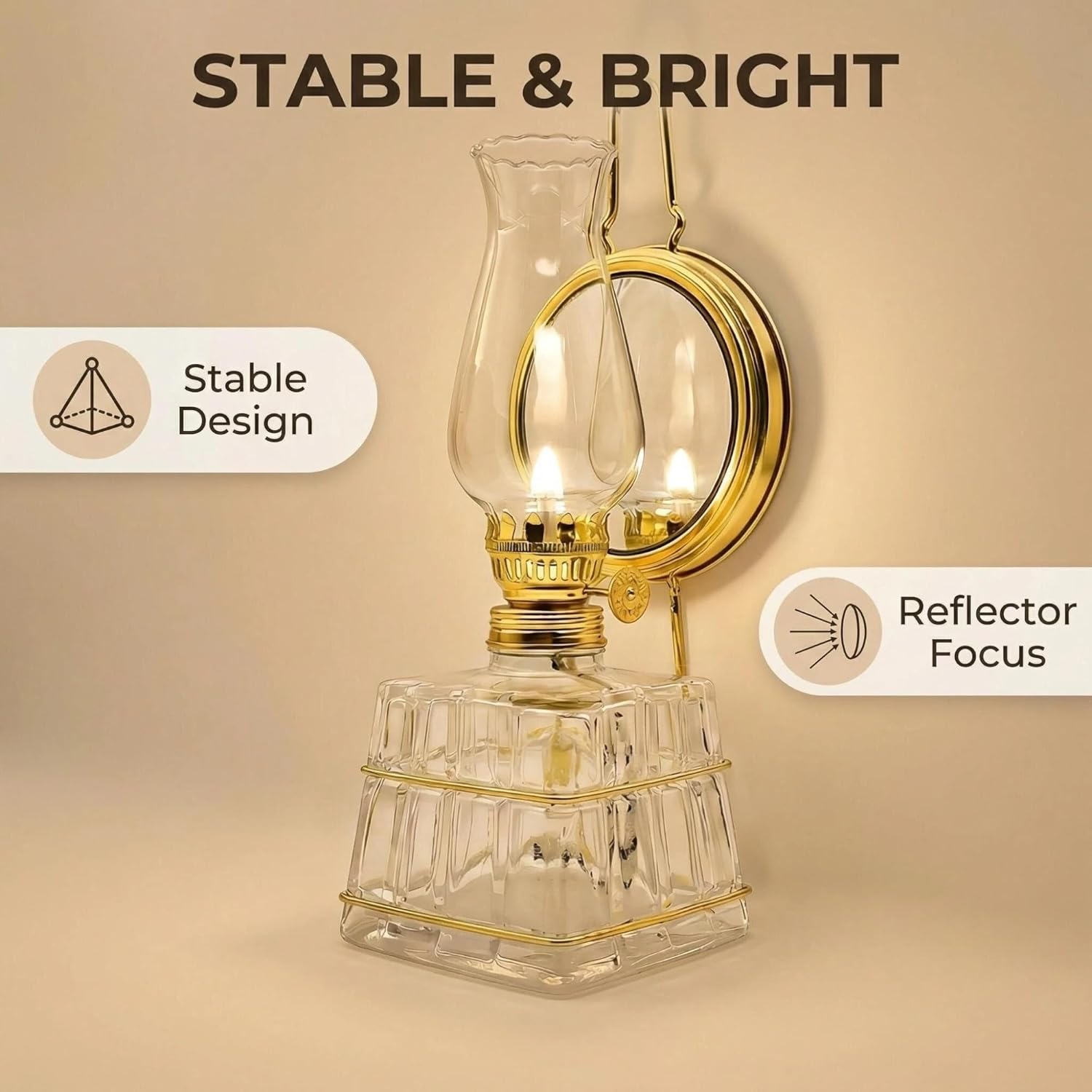 Vintage Glass Oil Lamp, Tabletop & Wall Mount Kerosene Lamp with 330ml Oil Capacity, 10.24" Retro Decorative Hurricane Lamp for Home Decor, Gift & Emergency Lighting(Gold)
