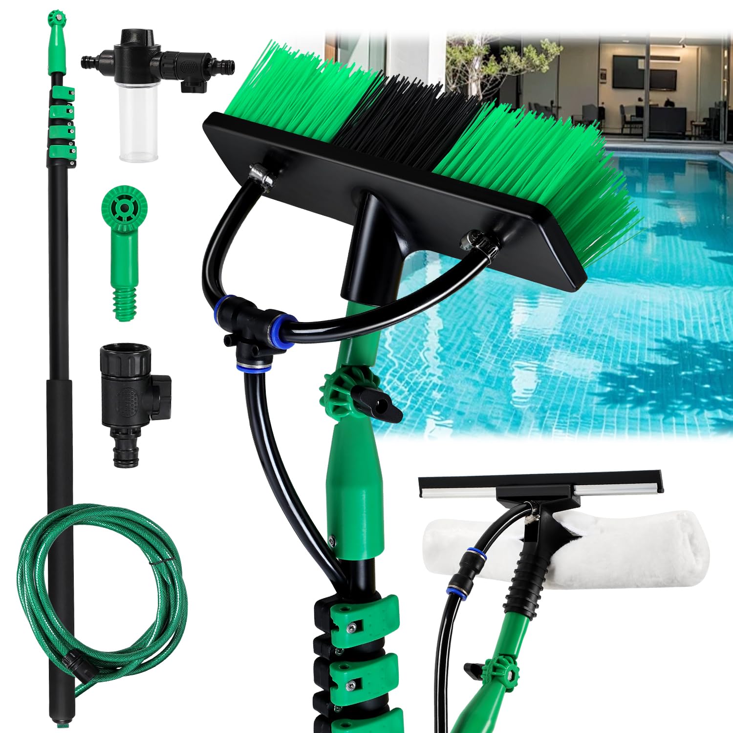 Brosse de lavage télescopique 3,6 m, avec manche télescopique en aluminium, brosse télescopique avec raccord d'eau, nettoyage des installations PV, brosse télescopique, avec poils souples