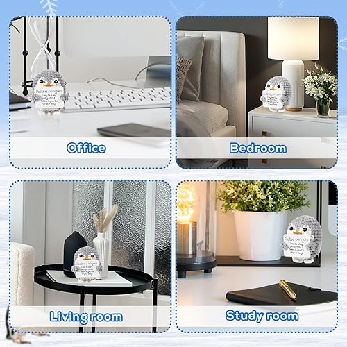 Vista 28 de BOXOB Mini pingüino positivo divertido, 2.6 pulgadas, lindo juguete de pingüino de punto con tarjeta positiva, muñeca de ganchillo de pingüino Negro