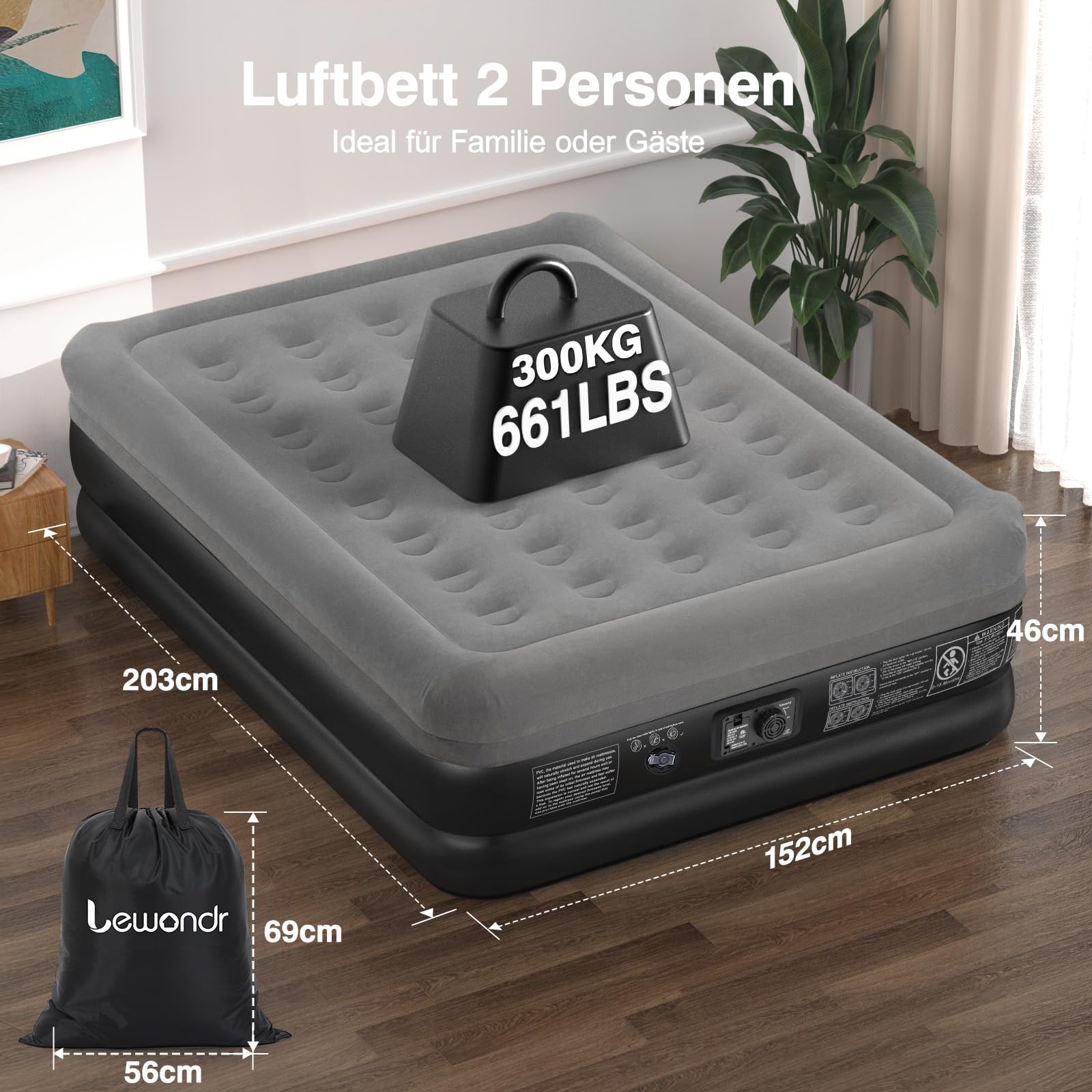 Lewondr Luftbett 2 Personen mit Eingebauter Pumpe 203x152x46CM Komfort Aufblasbare Matratze 3 Min Selbstaufblasend Camping Haus Gäste Reisen 300kg Grau