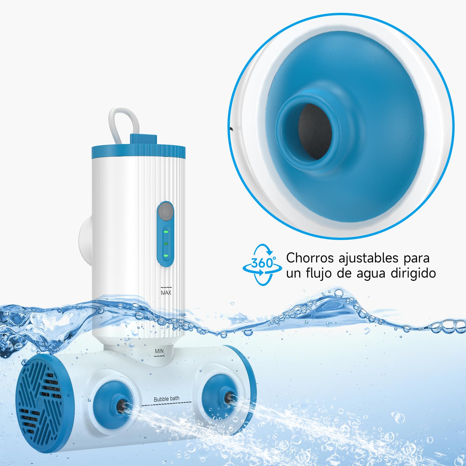 Buses baño portátiles, dobles, 5000mAh, IP67 | Jet y burbujas, 3 niveles, 360°, ventosas, 2h uso, limpieza fácil
