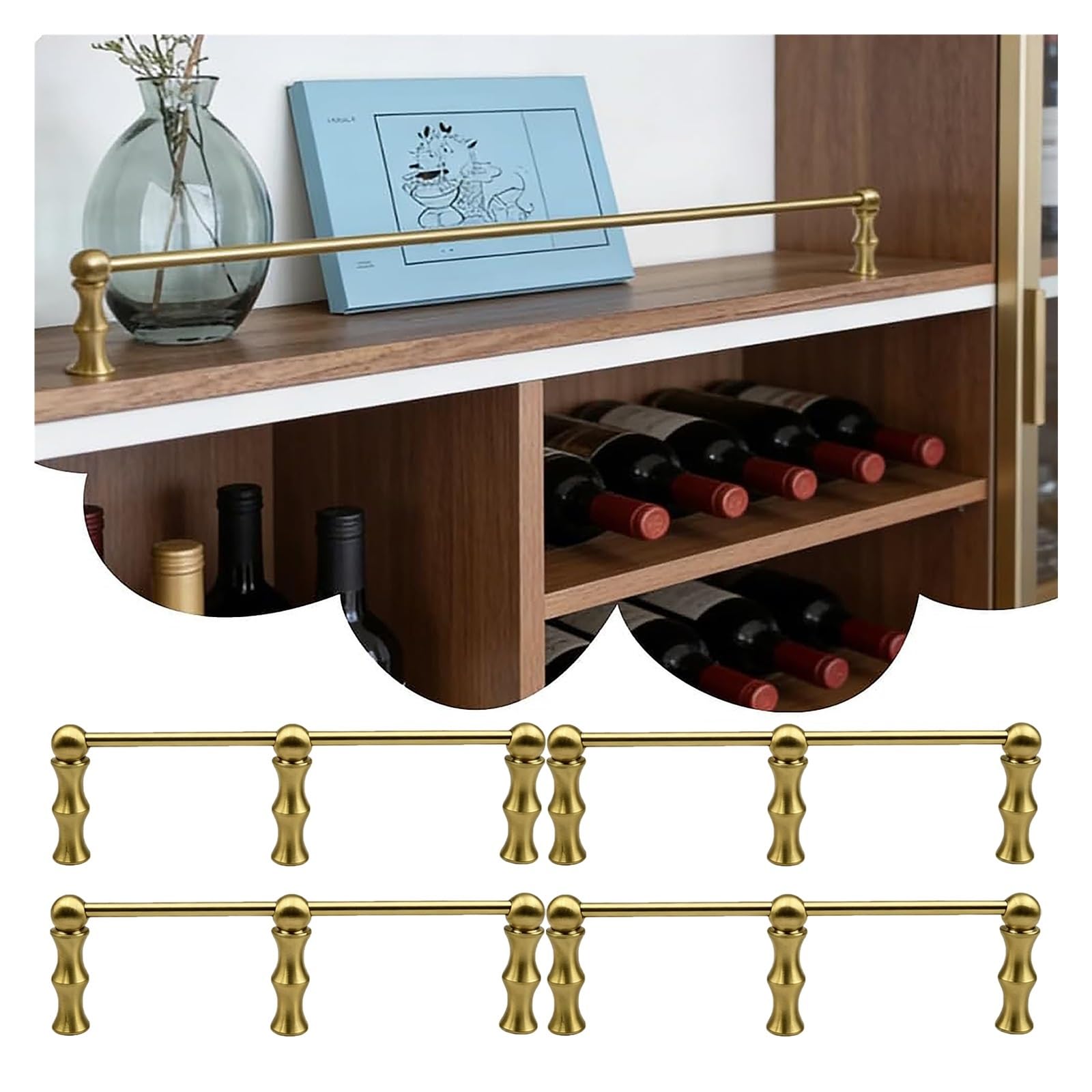 Peynir 4Pack Anti Fall Office Shelf Rail Fence 4 5 6Pack, 6Mm Brass Round Tube Shelf Guard Rails With Spindles & Screws, Pantry Kitchen Cabinet Storage Safety Bar(,37″/94Cm)