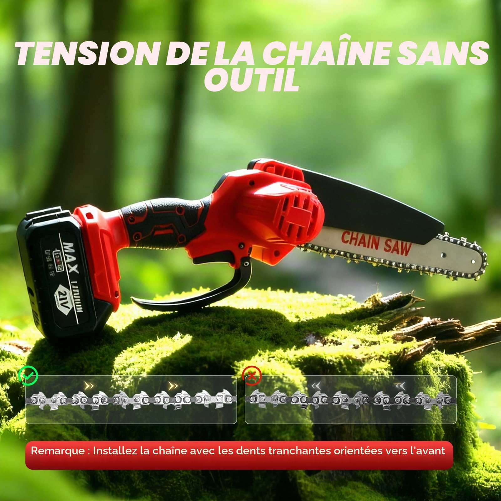 2 en 1 Élagueuse sur Perche sans Fil, 21V Télescopique Élagueur avec 8” Mini Tronçonneuse Électrique, 2 x 3000mAh, 2 Chaînes, 150° Tête Inclinable pour Jardin, Branches, Bois