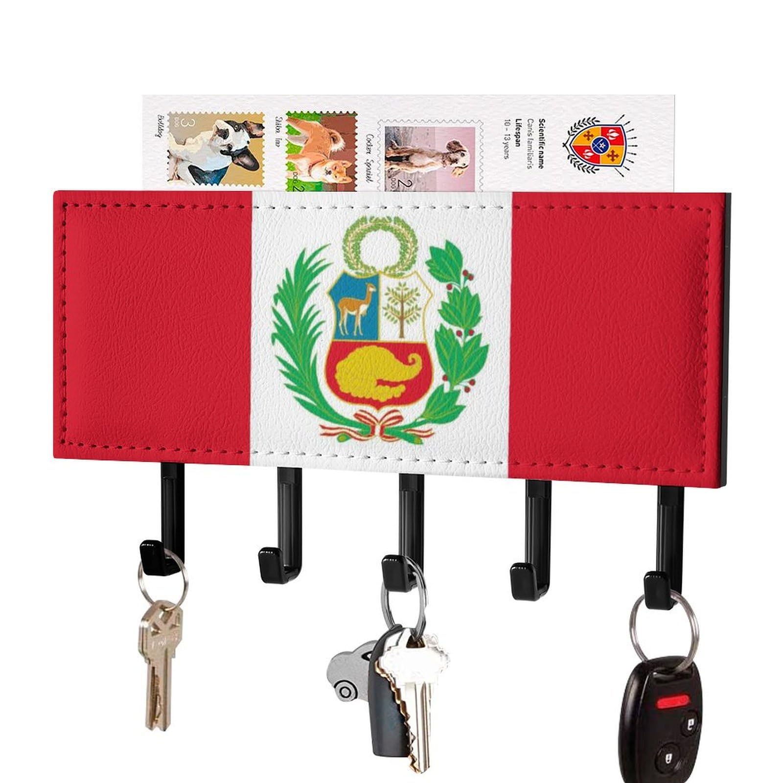 NCLQVJXZKHW Peru Flag Key Holder with 5 Hooks Key Hooks Wall Mounted Key Racks Key Hanger Organiser Shelf