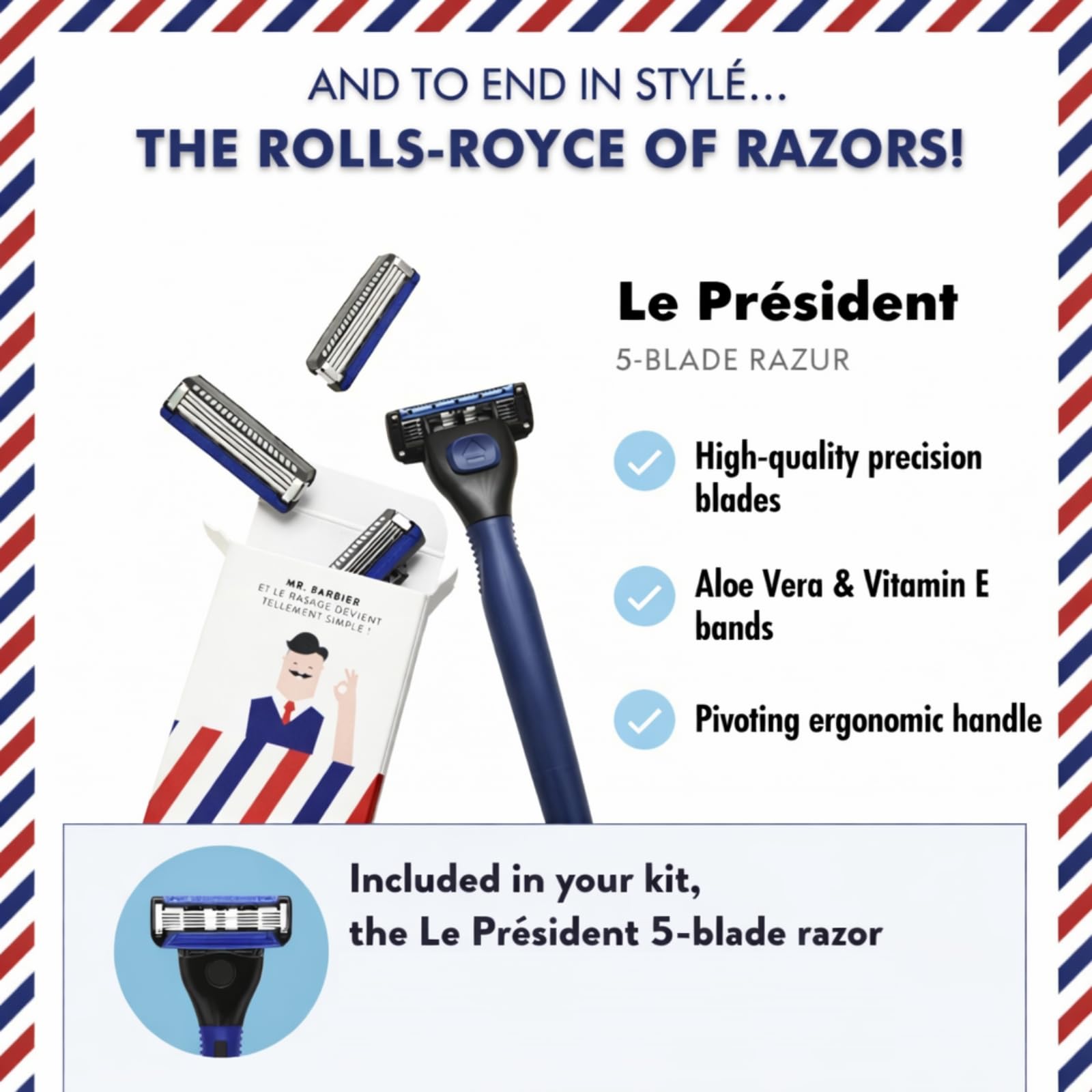 Monsieur BARBIER Estuche Afeitado Super Daddy Hombre 5 Piezas | Afeitadora El Presidente y 4 recambios, Prepa-SHAVE, Better-SHAVE, Extra-SHAVE antienvejecimiento, tejón de barbero.