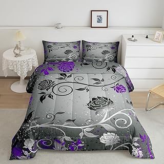Grey Black Purple Comforter Set for Boys,Girls Modern Floral Rose Bed Set Bedding Full Size,Chic Botanical Comforter Inner Fill Kids Teen Room Decor Branch Abstract Quilt Set,Modern Creativity