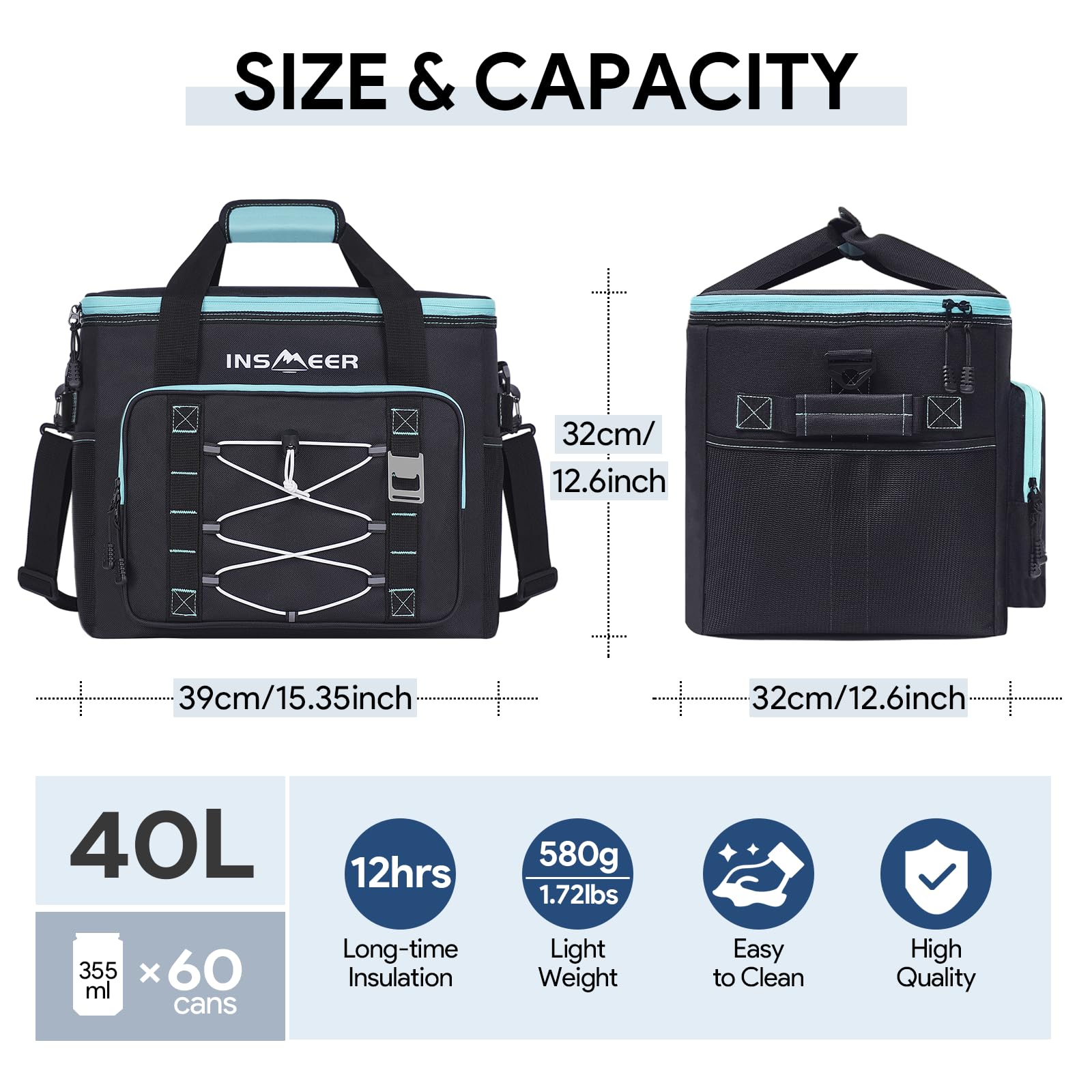 INSMEER Soft Cooler Bag, Collapsible Coolers Bag 60Can/40L, Soft Sided Insulated Cooler Portable Leakproof Cooler for Grocery Shopping,Camping,Travel,Fishing-Black