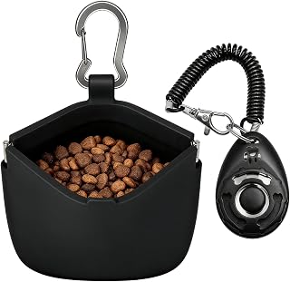 2-Piece Silicone Dog Treat Pouch Set, with 1 Treat Pouch and 1 Dog Training Clicker, Small Pocket Sized, Bag with Pull Tab & Closing Lid for Easy Pet Training and Walking