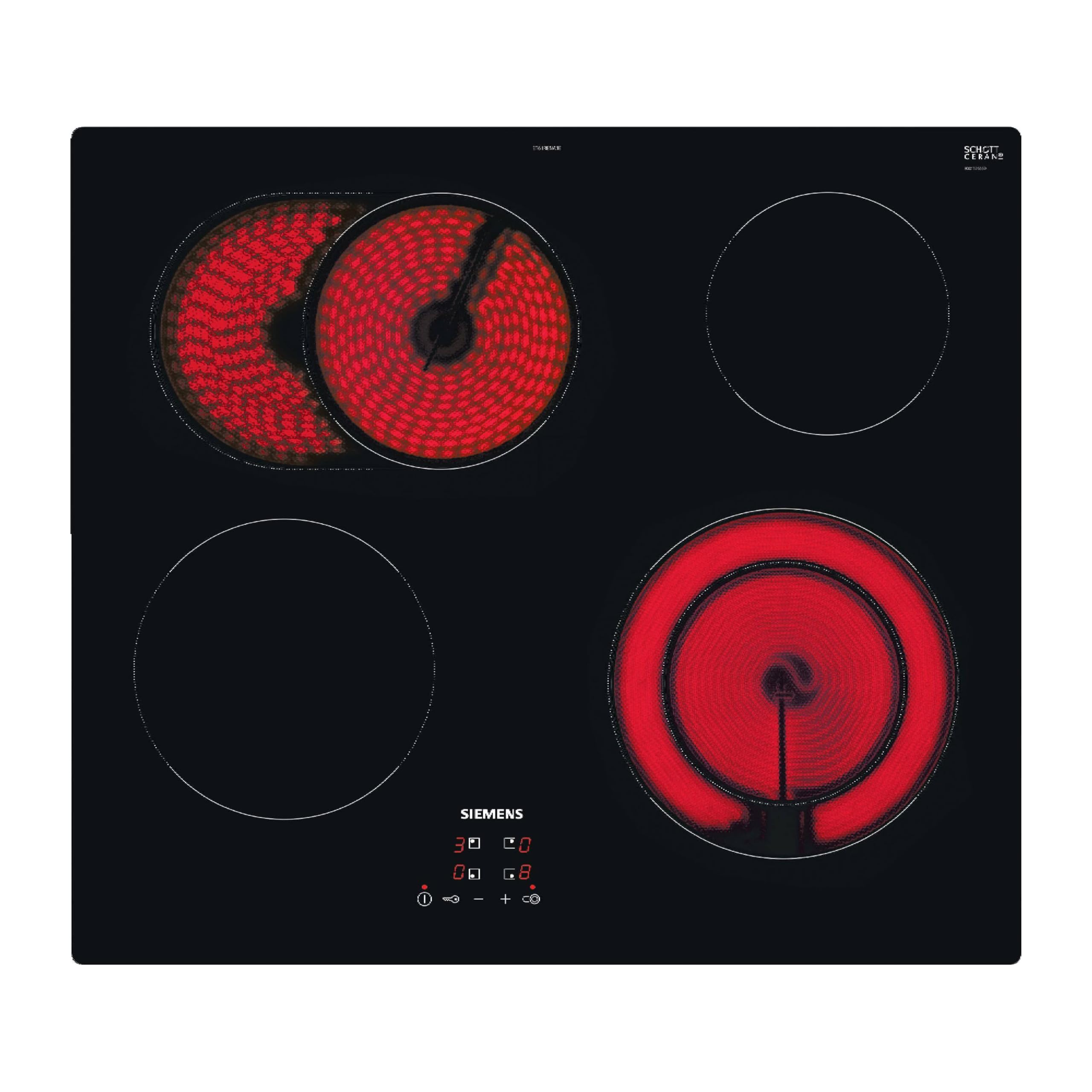 Siemens ET61RBNA1E, iQ300, Elektro-Kochfeld 60 cm, autark, Rahmenlos aufliegend, Made in Germany, touchControl, Zuschaltbare Bräterzone, Zweikreiz-Kochzone 21 cm, Sicherheitsabschaltung, Schwarz