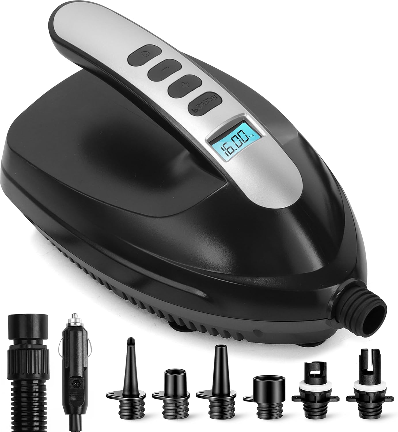 SereneLife Electric Air Pump Compressor – Portable Inflator for SUPs (Stand Up Paddle-Boards) & Pool Inflatables, Digital LCD Display, Adjustable Air Pressure Settings, Car Power Outlet Connection