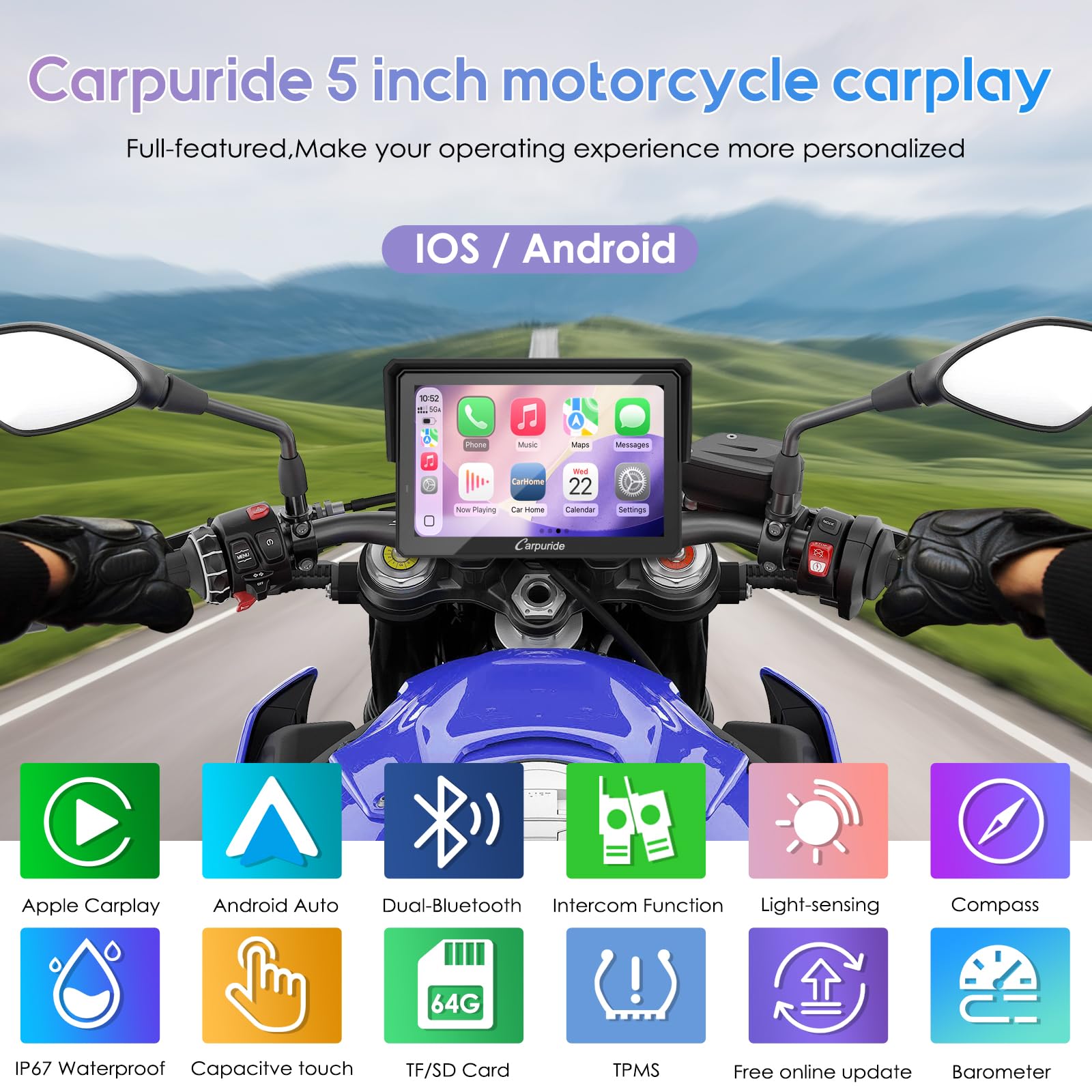Carpuride W502TPRO do motocykli z CarPlay i Android Auto, TPMS i podwójnym Bluetooth – 5-calowy wodoodporny ekran nawigacji GPS do motocykli, interkom, korektor, czujnik światła, kompas, barometr