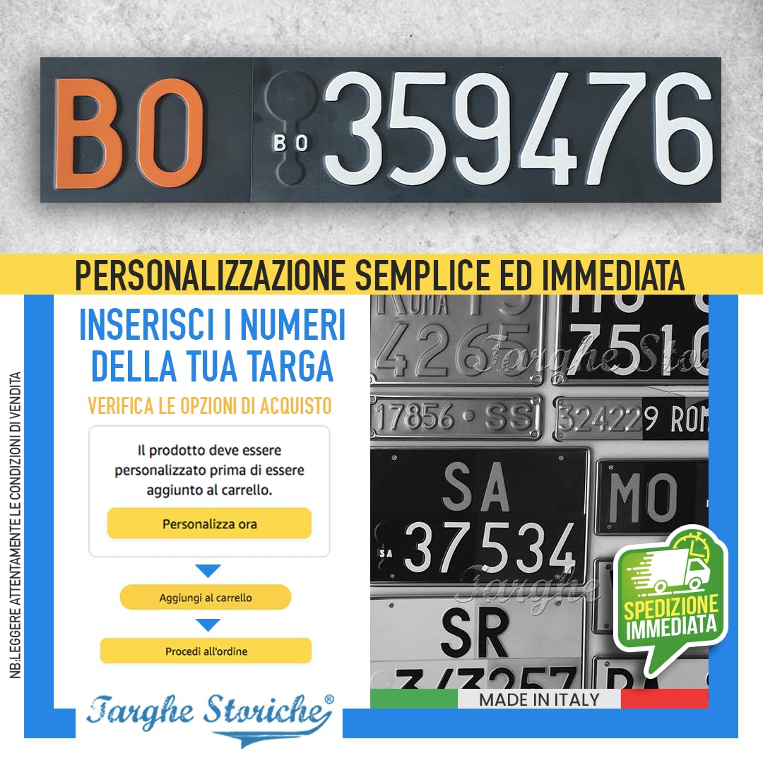 Targhe Storiche srl Targa Personalizzata - Modello Posteriore dal 1976 al 1984 – Targa d’Epoca in Plastica con Lettere e Numeri in Rilievo, Made in Italy [Affiancata Antichizzata]