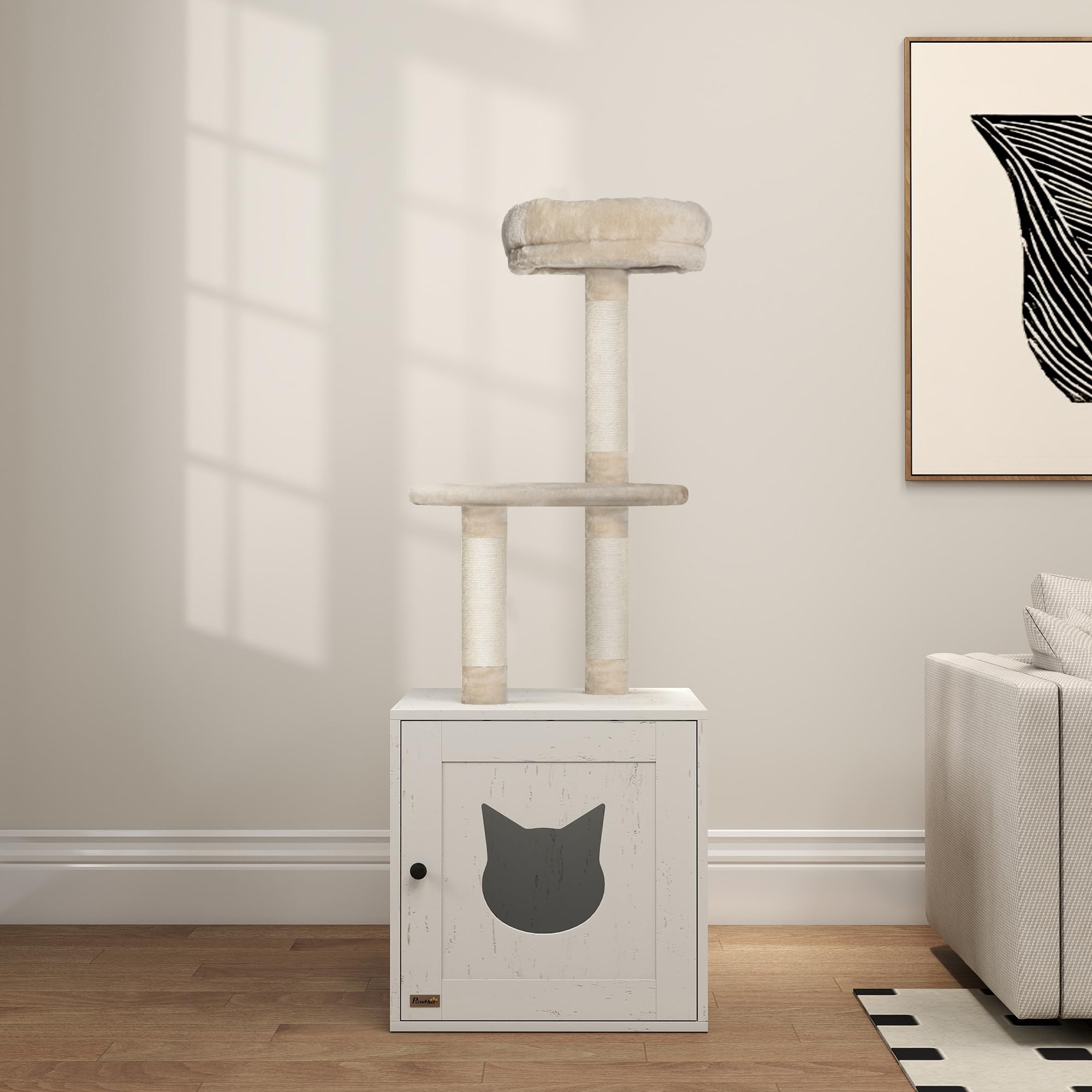 PawHut Tiragraffi per Gatti con casa di Servizi igienici, Torre di Gioco 2 in 1, Cuccia per Gatti da 129 cm con coprilettiera, Pali da graffiare, Piattaforma, Letto, Crema