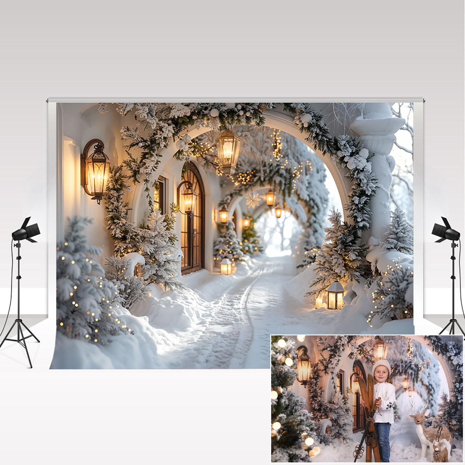 Kate Navidad Arco Pasillo Fotografía Telones de Fondo 3x2m/10x6.5ft Invierno Retro Flor Blanca Adultos Niños Retrato Familiar Photocall Fondo Decorativo Estudio Fotográfico