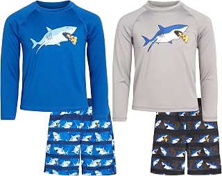 Boys' Rash Guard Set - 4 Piece UPF 50+ Swim Trunks and Long Sleeve Swim Shirt (12M-14)
