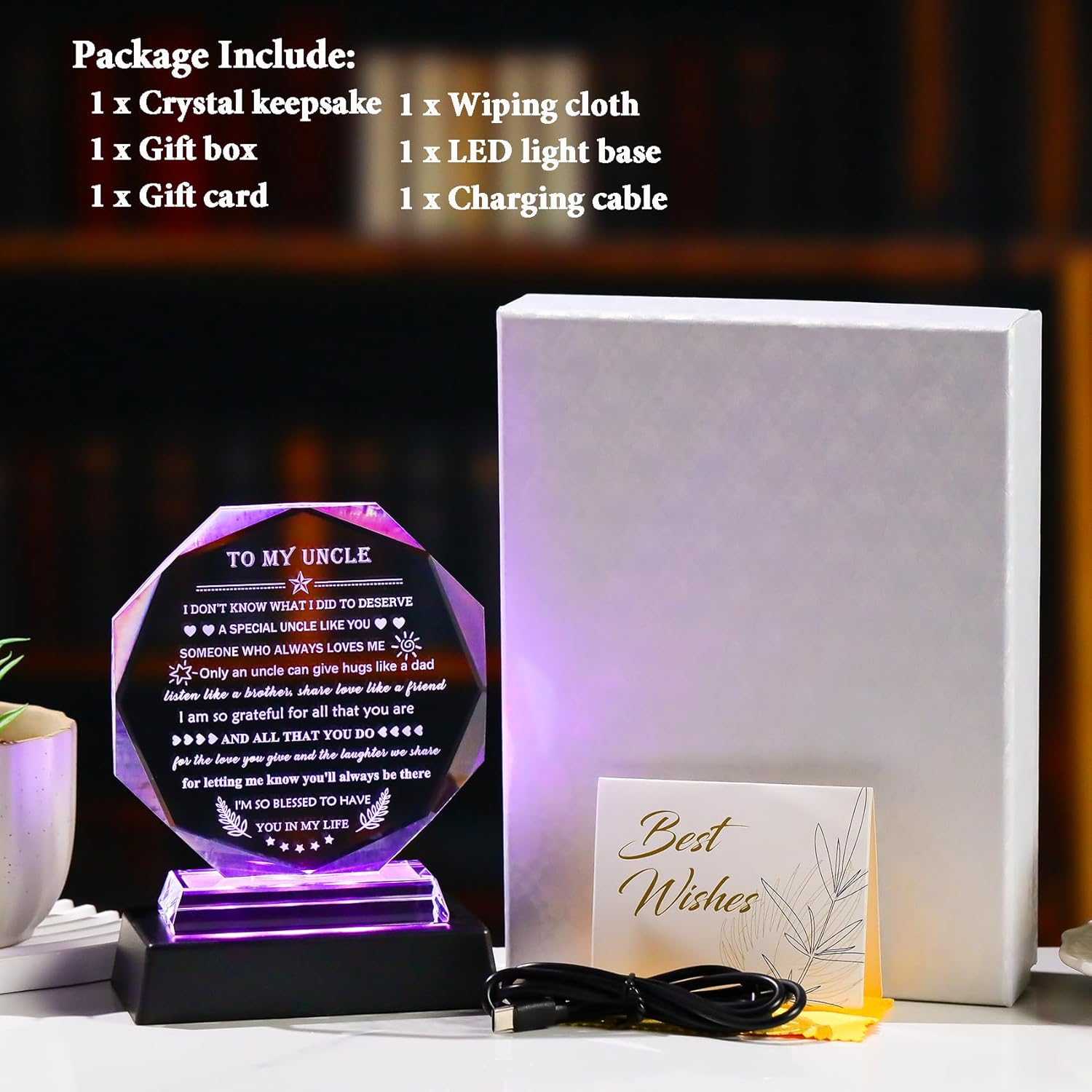 YWHL Meaningful Gifts for Uncle from Niece Nephew with Colorful LED Base, Fathers Day Birthday Gifts for Uncles Crystal Keepsake Present Best Uncle Ever Gifts on Christmas Thanksgiving Day - Image 6