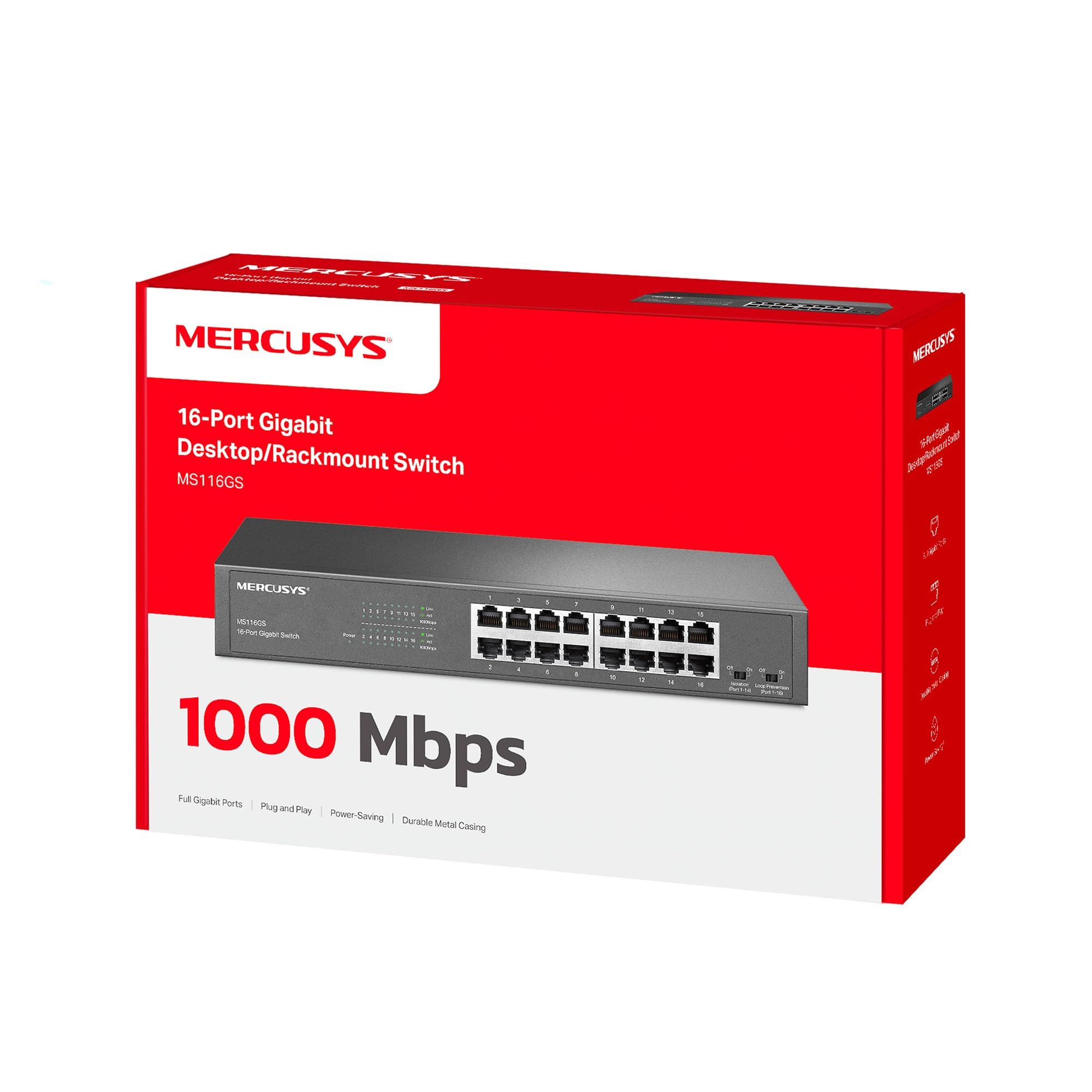 Mercusys MS116GS Switch Gigabit 16 Puertos, Montaje de Escritorio o Bastidor, Plug & Play, prioridad de tráfico, prevención de Bucle, Modo de Aislamiento, Funcionamiento silencioso, Carcasa de