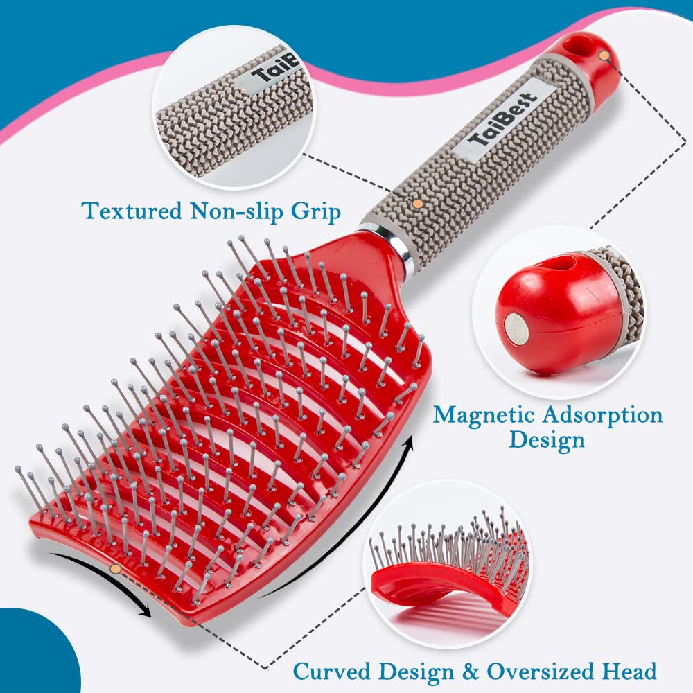 Set di spazzole per capelli con setole di cinghiale spazzola secca/bagnata per capelli fini, spessi e ricci – spazzola per capelli curvi e ventilata per donne, uomini o bambini (nero e rosso)