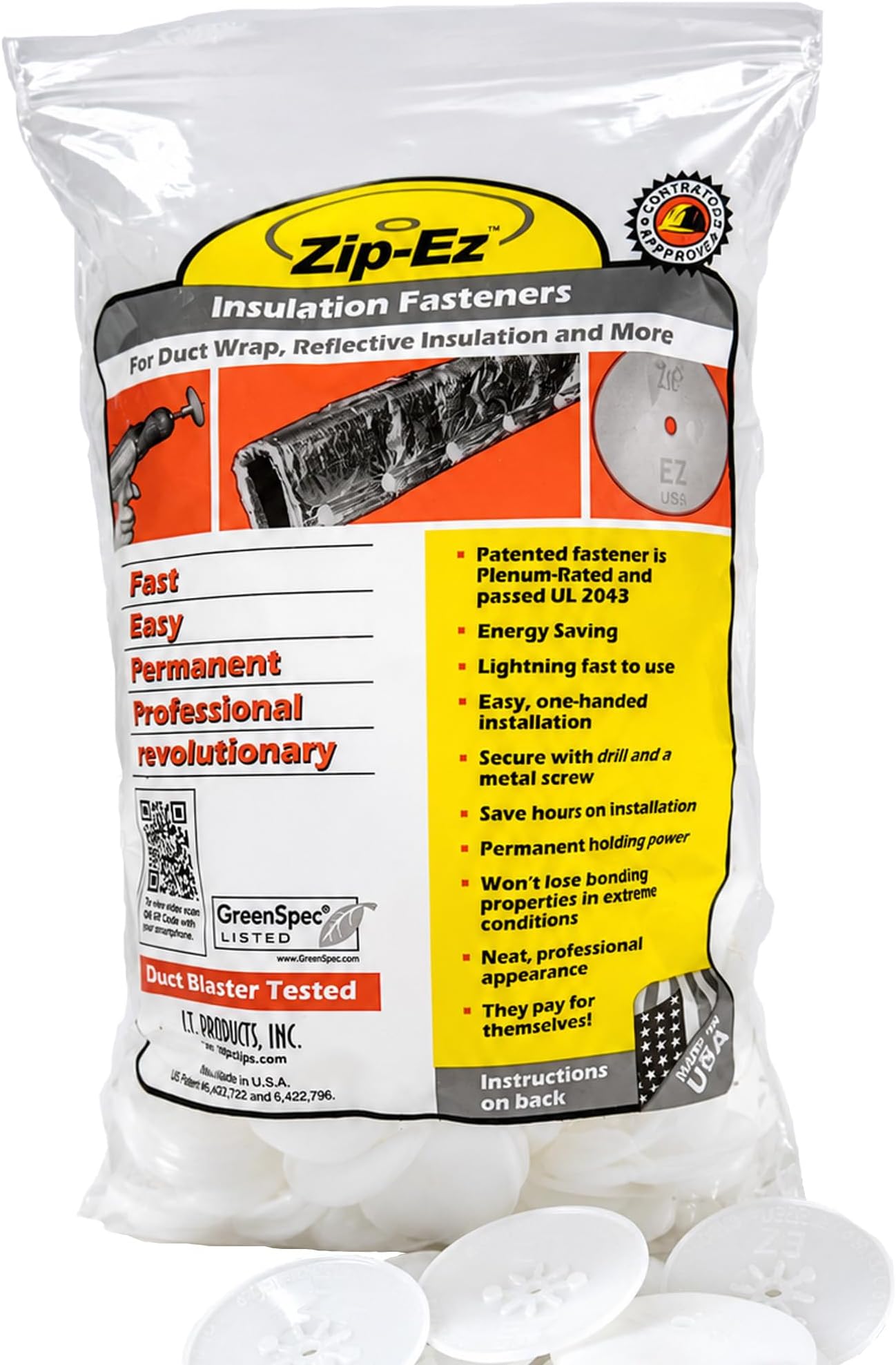 Zip-Ez HVAC Duct Insulation Fasteners (250 Pack) Mechanical Disc for Duct Wrap, Fiberglass, Reflective and Foam Board Insulation, One-Hand Install, Permanent Hold, Made in USA