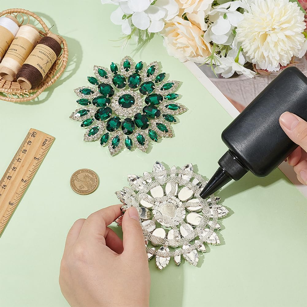 FINGERINSPIRE 2 PCS Flower-Shaped Rhinestone Applique 4.4inch Sea Green Flatback Rhinestones Beaded Patch Crystal Embellishments Sew on Clothing Applique for Bridal Brooches Button Clothes Decoration