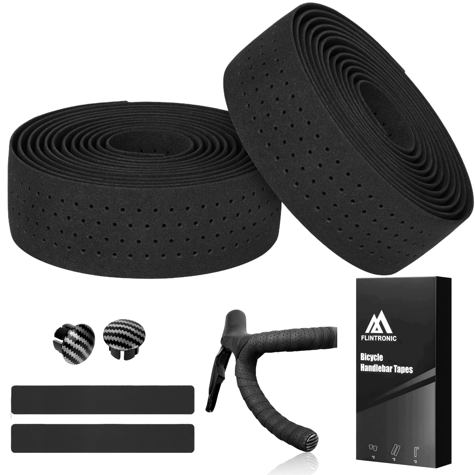 flintronic 2 Rolls Road Bike Handlebar Tape, Bicycle Handlebar Tape with End Plugs and Adhesive Strips,Anti-slip & Shock-absorbing, EVA Comfortable Grip - 2 x 210 cm x 3 cm