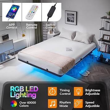 Bonnlo Floating 4ft6 Double Bed Frame with LED Light & Charging Station