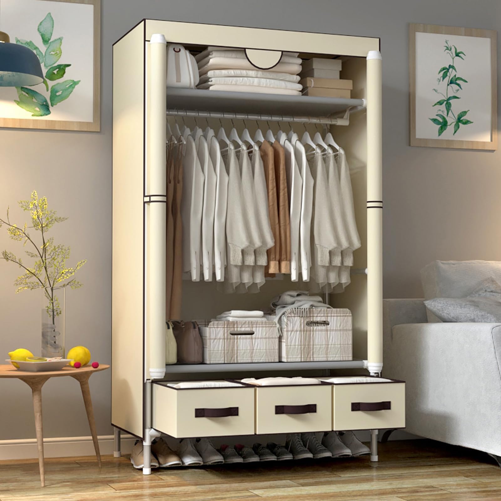 Portable Canvas Wardrobe with 3 Drawers and Hanging Rail, 90x45x170cm for Bedroom, Beige