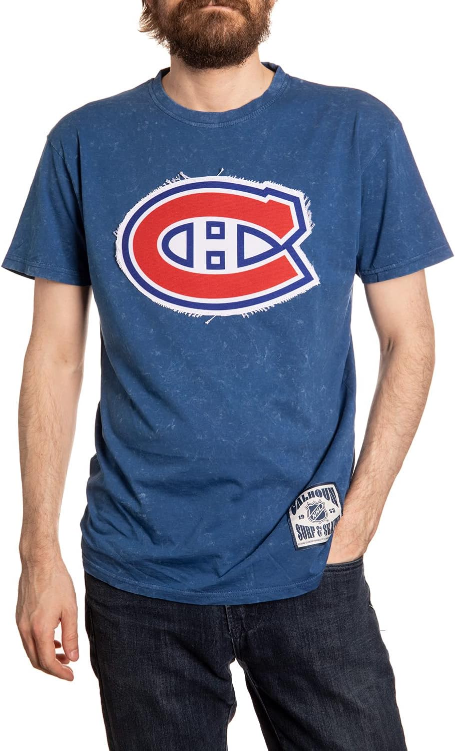 Calhoun NHL Surf & Skate Mens Acid Wash Vintage Style T-Shirt with Frayed Patch Logo