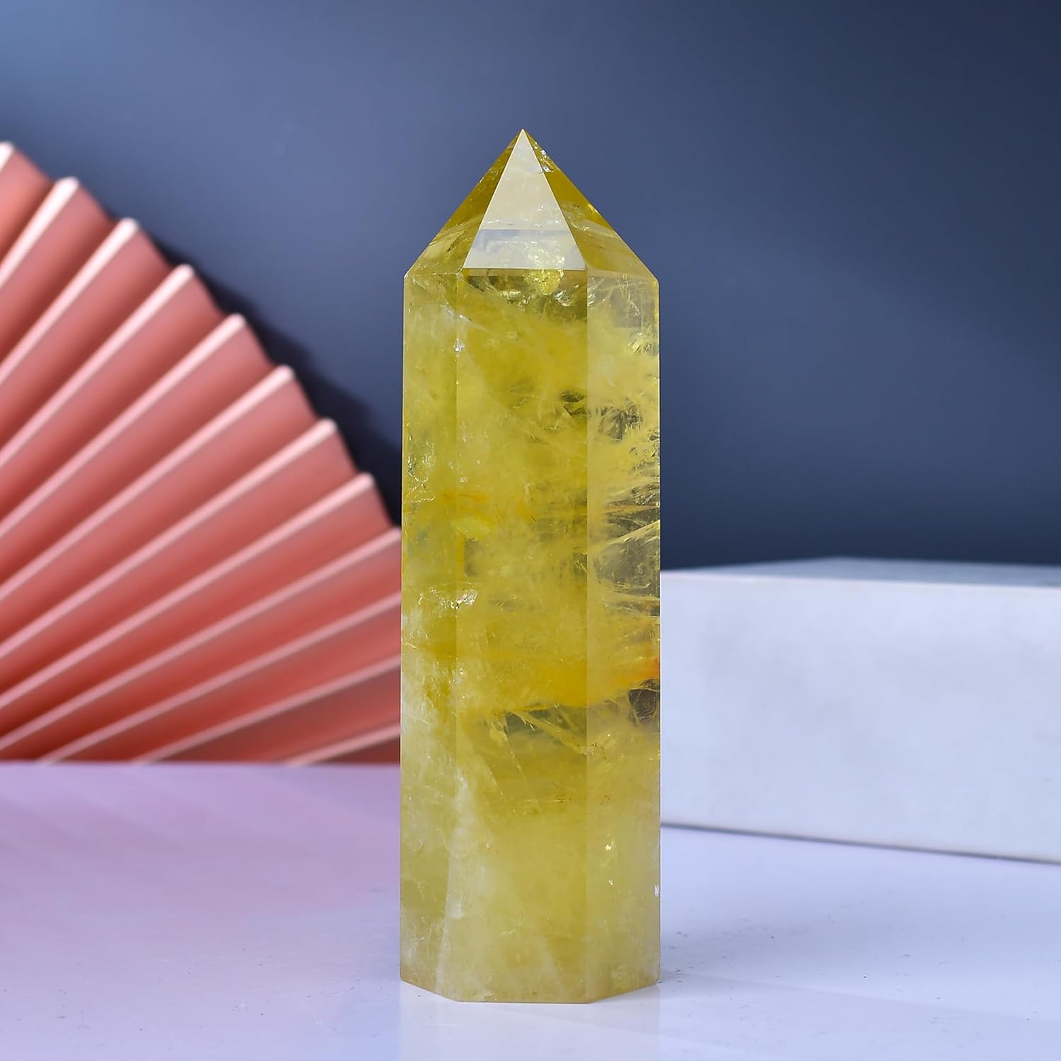 Large Citrine Healing Crystal Towers 5.9" -6.1" Natural Crystal Wand 6 Faceted Chakra Crystal Point Reiki Meditation Therapy Home Decoration Gift (1-1.2lb)