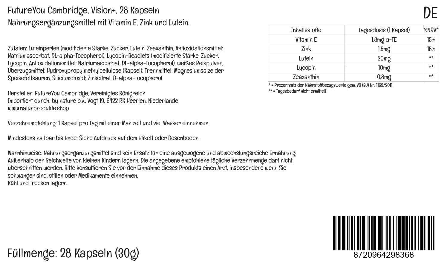 FutureYou Cambridge Vision+ Lutein Zeaxanthin Kapseln – Augen Komplex mit Lycopin, Vitamin E und Zink, Nahrungsergänzung, 28 Kapseln