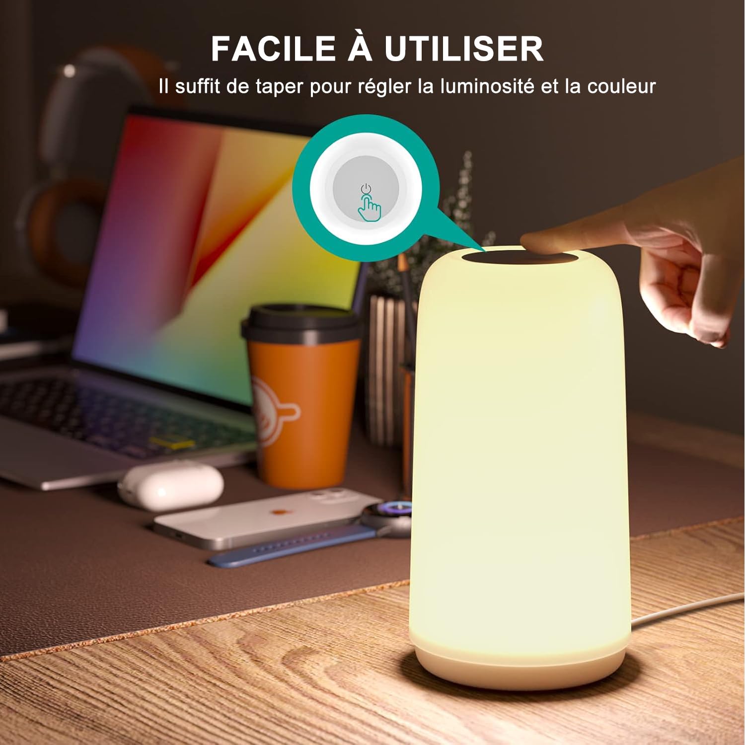 ROOTRO Lampe de Chevet Tactile RGB Polyvalente, Lampe de Table Dimmable avec 3 Modes Intensité d'Éclairage Design Épuré Lumière Douce sans Scintillement Parfaite Chambre Bureau Lampes de Table Cadeau