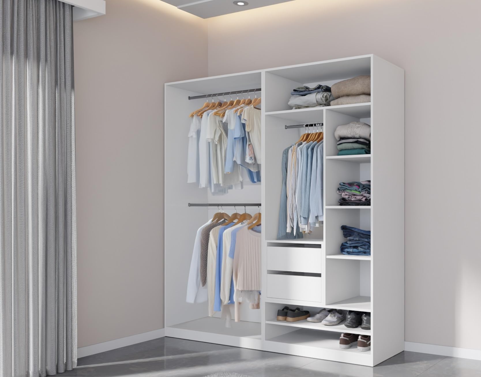 Marmex Schranksystem TRES C, offener Kleiderschrank mit Kleiderbügeln, Ablagen, Schubladen, Mehrzweckschrank-Set für Schlafzimmer, Ankleidezimmer 190x206x51 cm (weiß)