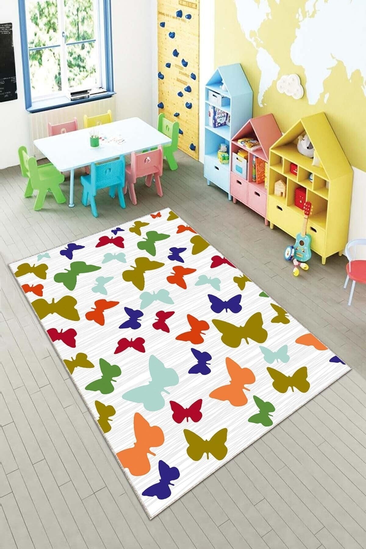 Pelangi Gri Rengarenk Kelebek Desenli Yıkanabilir Kaymaz Taban Leke Tutmazbebek Ve Çocuk Odası Halısı, Beyaz-Turuncu 100 x 500, 901357174100500