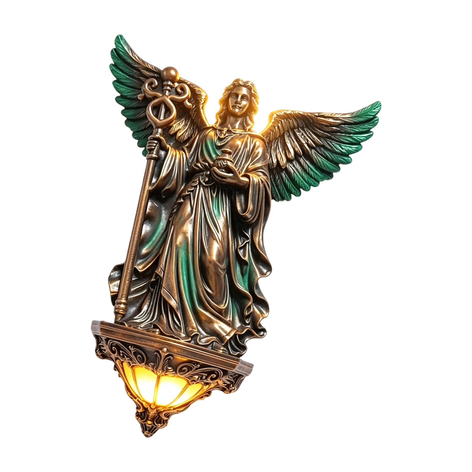 Decorative Sculpture Wall Lamp in Resin with Warm Upper Backlight and Lower Glow, Vintage Bronze Green Finish for Bedroom Hallway Decor Resin Wall Sconce Decorative Sculpture Lamp Mounted Accent Light