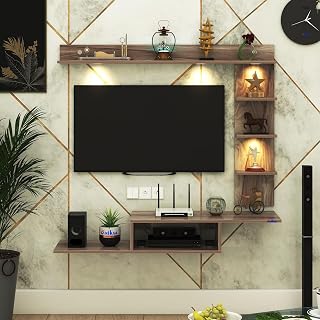 Wintor Engineered Wood Wall Mounted TV Unit with 4 LED Lights, 3 Open Shelves, 1 Storage Box & Decorative Display Shelf for Living Room | Ideal for Upto 43 Inch TV- CoachWood(DIY Assembly)