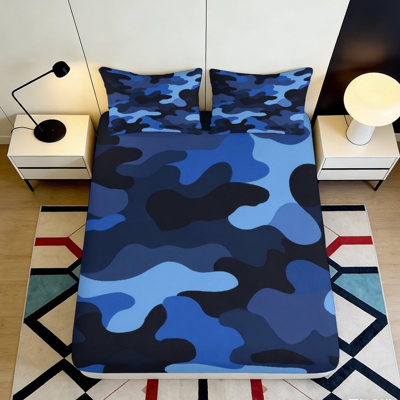 Decorative Blue Camouflage Fitted Sheet 3D Printed Microfiber, Soft Touch, Bed Cover for Home Bedroom, Apartment Bedding, Wrinkle Resistant, Easy Care, 117 90x200x25cm