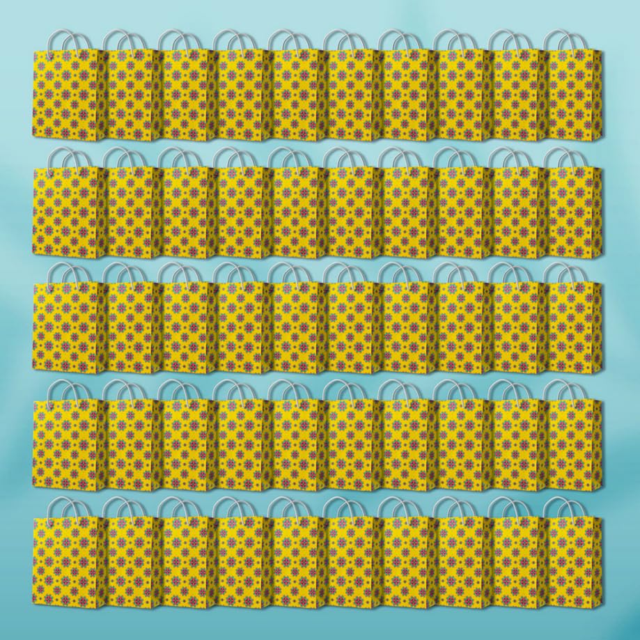 Untumble Paper Gift Bags (50 Pcs, 7x5x3.5 Inch) Indian Motif Printed Small Size - Return Gifts Paper Carry Bag for Indian Festive Occasions, Weddings, Baby shower, Engagements, Poojas, Bhajans