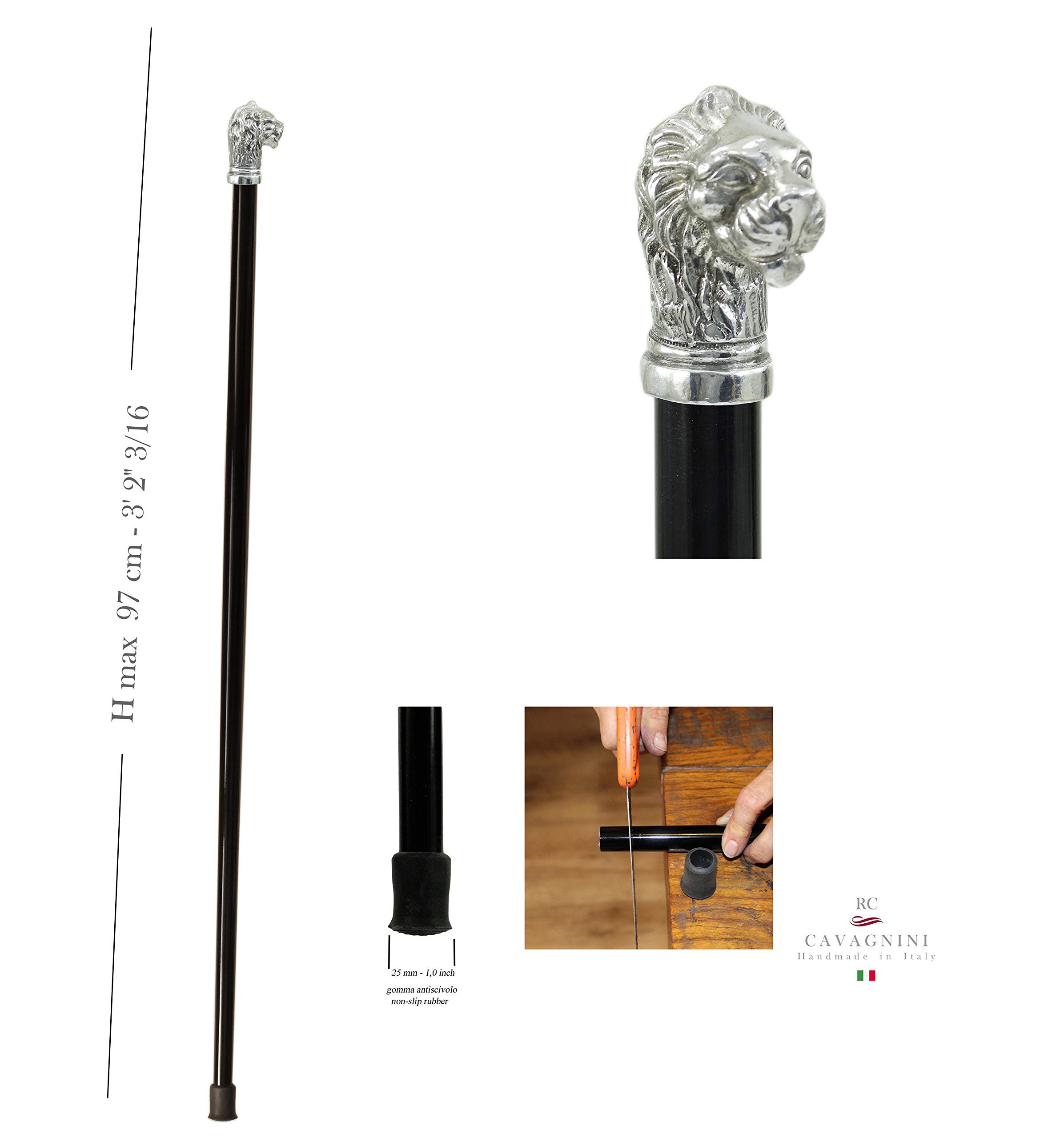 CAVAGNINI Bastone da Passeggio Leone Antico Elegante da Collezione Legno Faggio Laccato a Mano su Misura Fino 97cm Manico Peltro Lucido Argento Incisione Nome Scatola Regalo Lusso per Papà