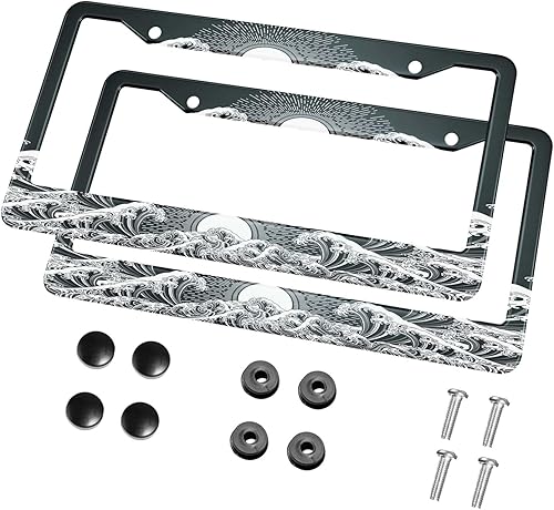 HOSNYE Marco de matrícula Japan Wave negro, 2 unidades, diseño oriental del sol, de metal, lindo marco de placas de matrícula, marco de matrícula de