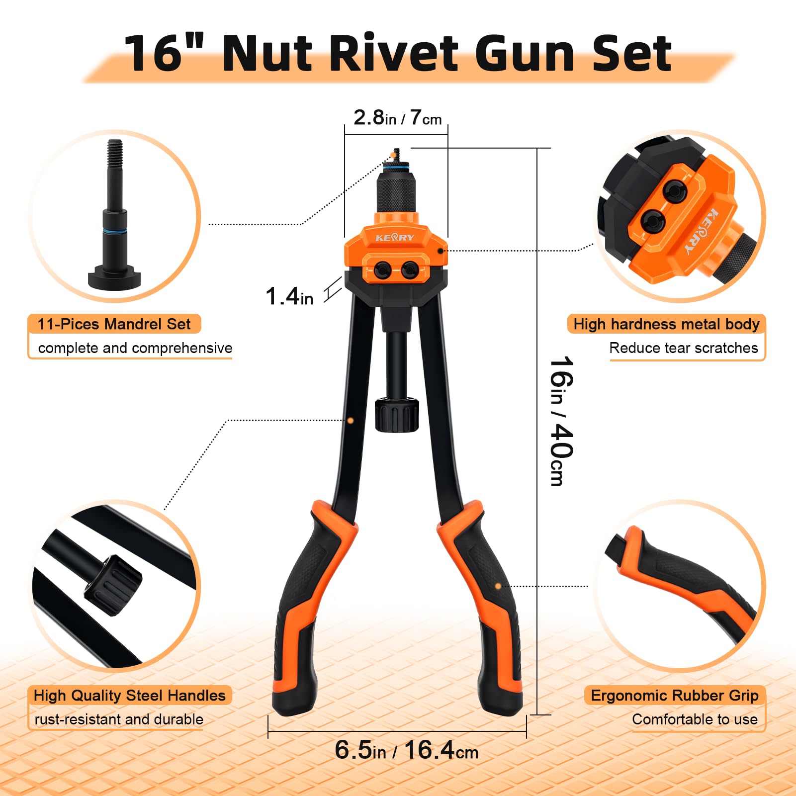Kerry Strumento per rivetti da 40,6 cm, kit professionale con 11 mandrini metrici e pollici M3 M4 M5 M6 M8 M10 M12, SAE10-24, 1/4-20, 5/16-18, 3/8-16, 110 rivnuts e custodia per soffiaggio